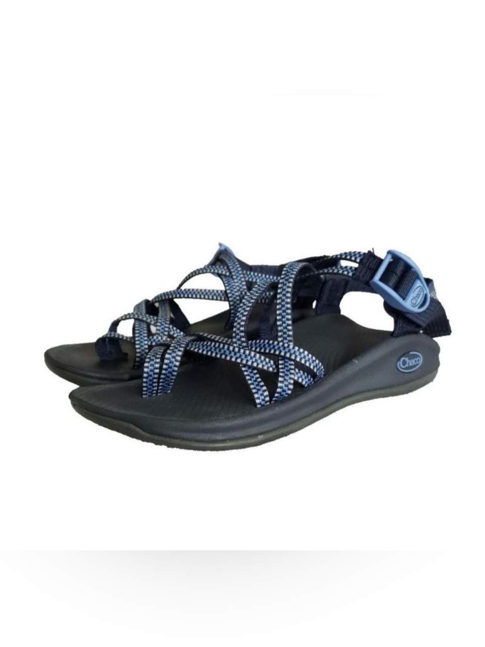 Chaco Women's Navy and Light Blue Patterned Webbing Sandals